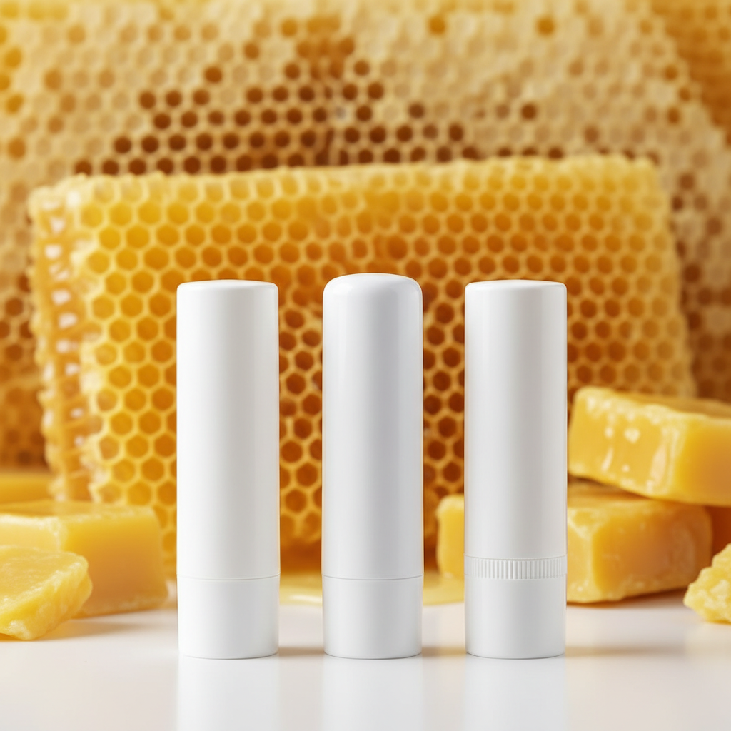 White lip balm tubes with beeswax background